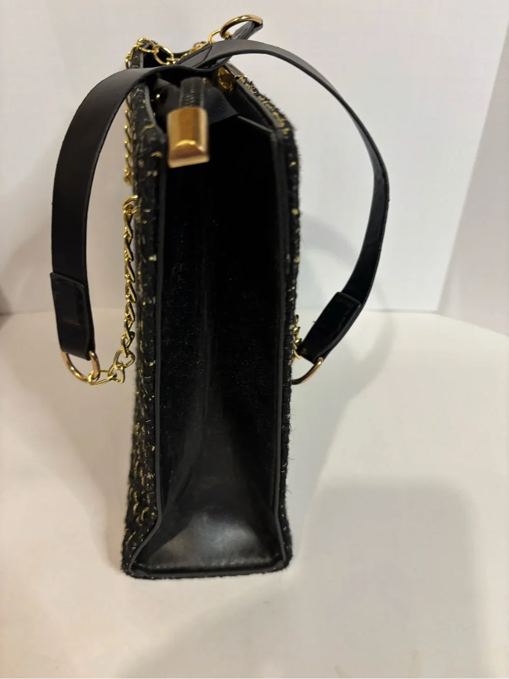 Black Tweed Shoulder Bag with Gold Chain Strap